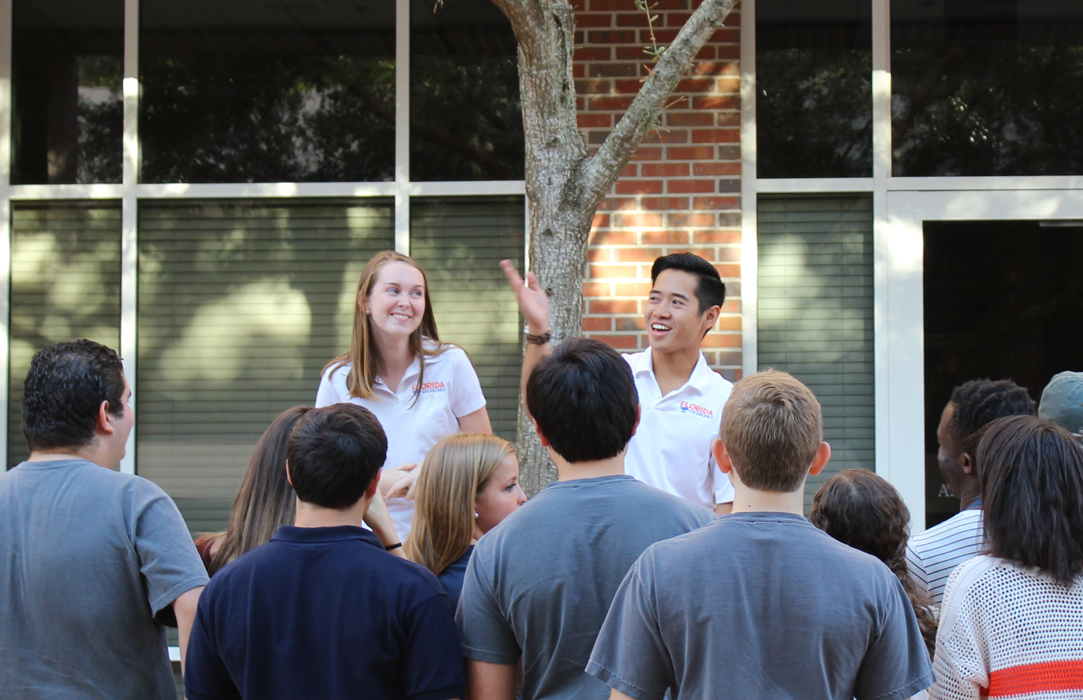 Tour guides showing students the campus